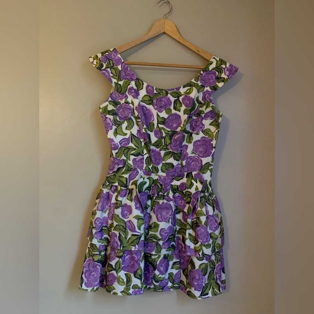 Vintage 60s Floral mini  Dress, party dance handmade authentic ruffles bow